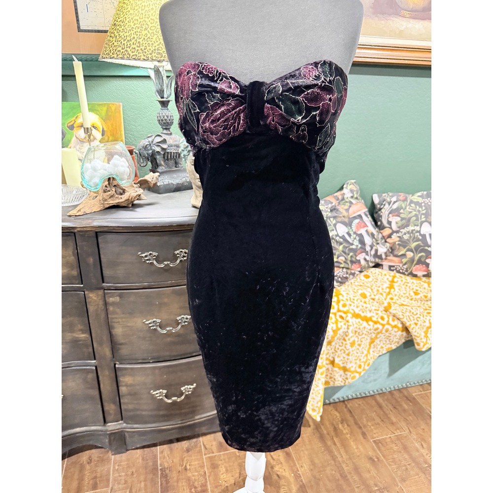 Vintage Scott McClintock Black Velvet Strapless Floral Bow Cocktail Dress 10‎